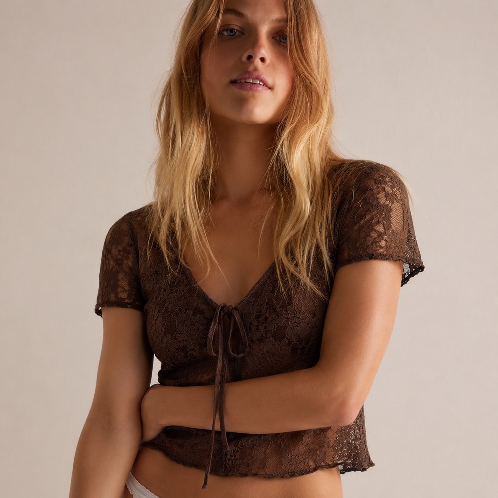 Boho Lace Mesh Tie Front Top Womens M Chocolate Brown Y2K Sheer Floral Cottage